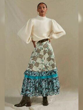 Anthropologie Raga Floral Patchwork Maxi Skirt Sz XS